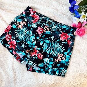 Tropical Print Denim Shorts
